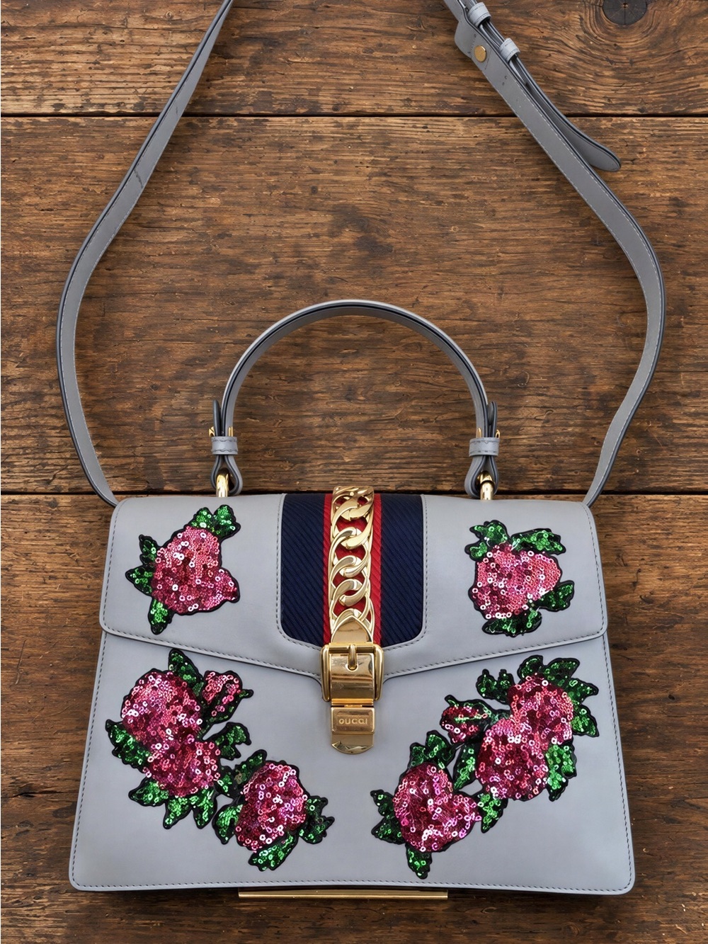Gucci Sylvie Gray Floral Sequin Top-Handle Shoulder Bag